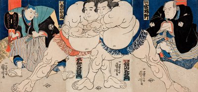 Les lutteurs de sumo Shiranui Dakuemon (centre gauche), Tsurugizan Taniemon (centre droit) avec arbitre - Utagawa Kuniyoshi